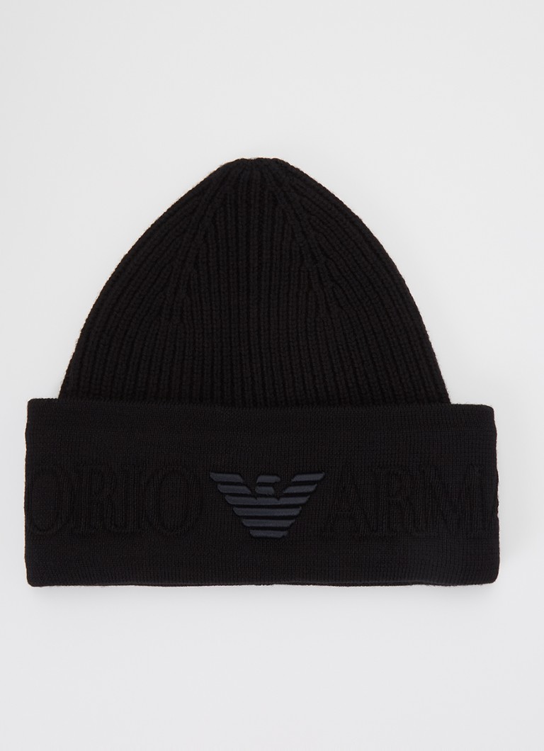 Armani Heren Ribgebreide muts van wol met logo in de kleur Zwart