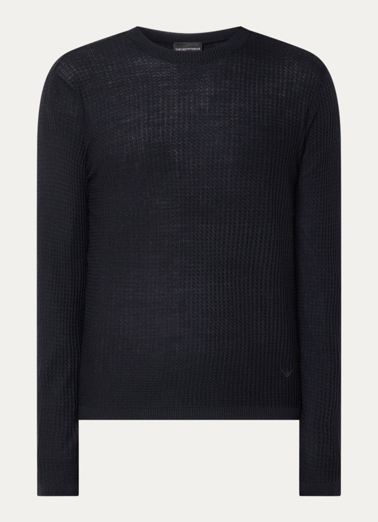 Armani Heren Fijngebreide pullover in wolblend met structuur in de kleur Donkerblauw