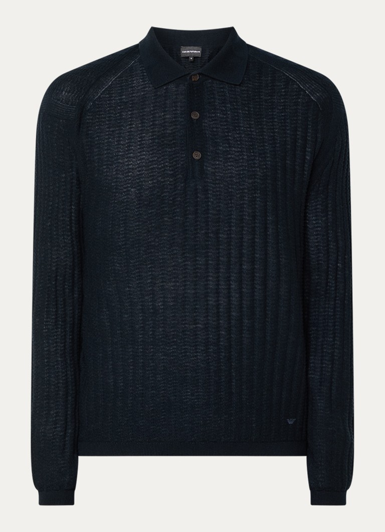 Armani Heren Fijngebreide pullover in zijdeblend met kraag in de kleur Donkerblauw