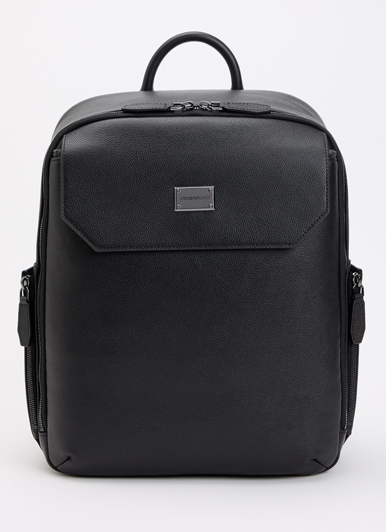 Armani Heren Rugzak van leer met 13 inch laptopvak in de kleur Zwart