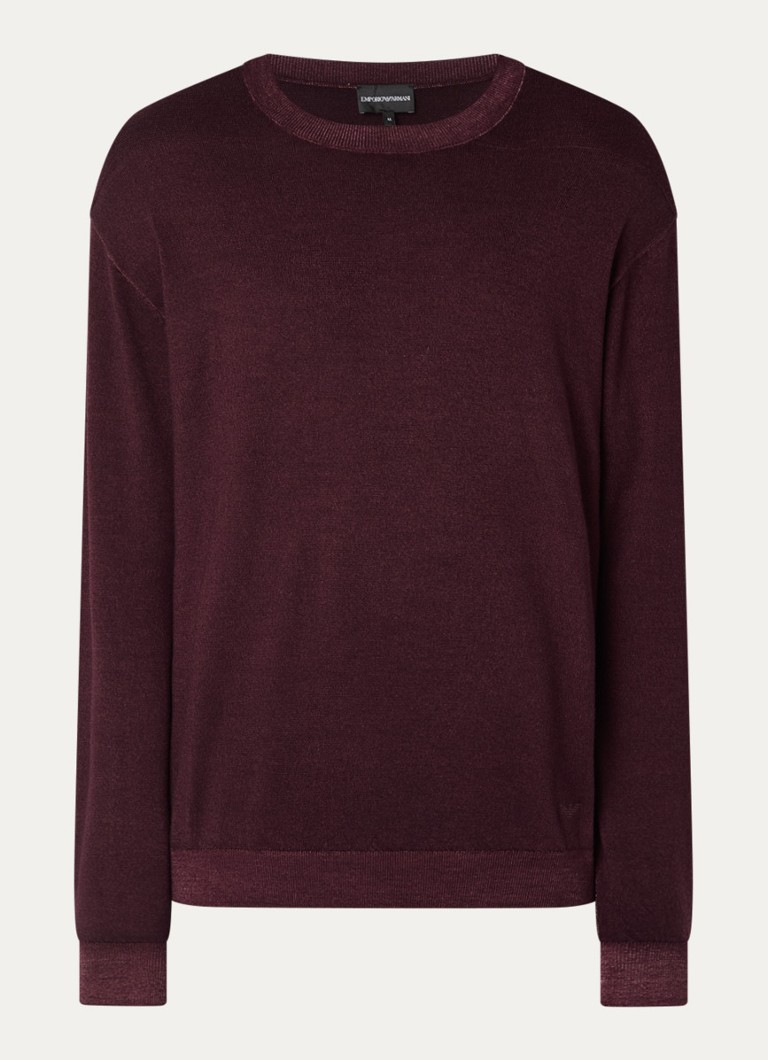 Armani Heren Fijngebreide pullover van wol met ronde hals in de kleur Aubergine