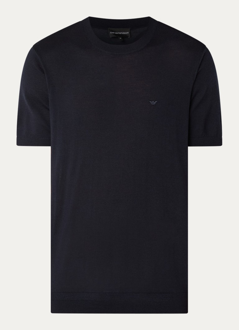 Armani Heren T-shirt in wolblend met logo in de kleur Donkerblauw