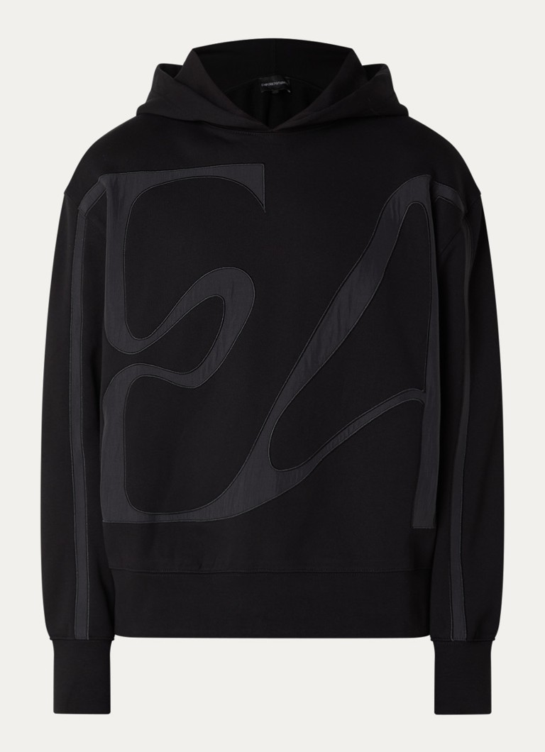 Armani Heren Hoodie met logoborduring in de kleur Zwart