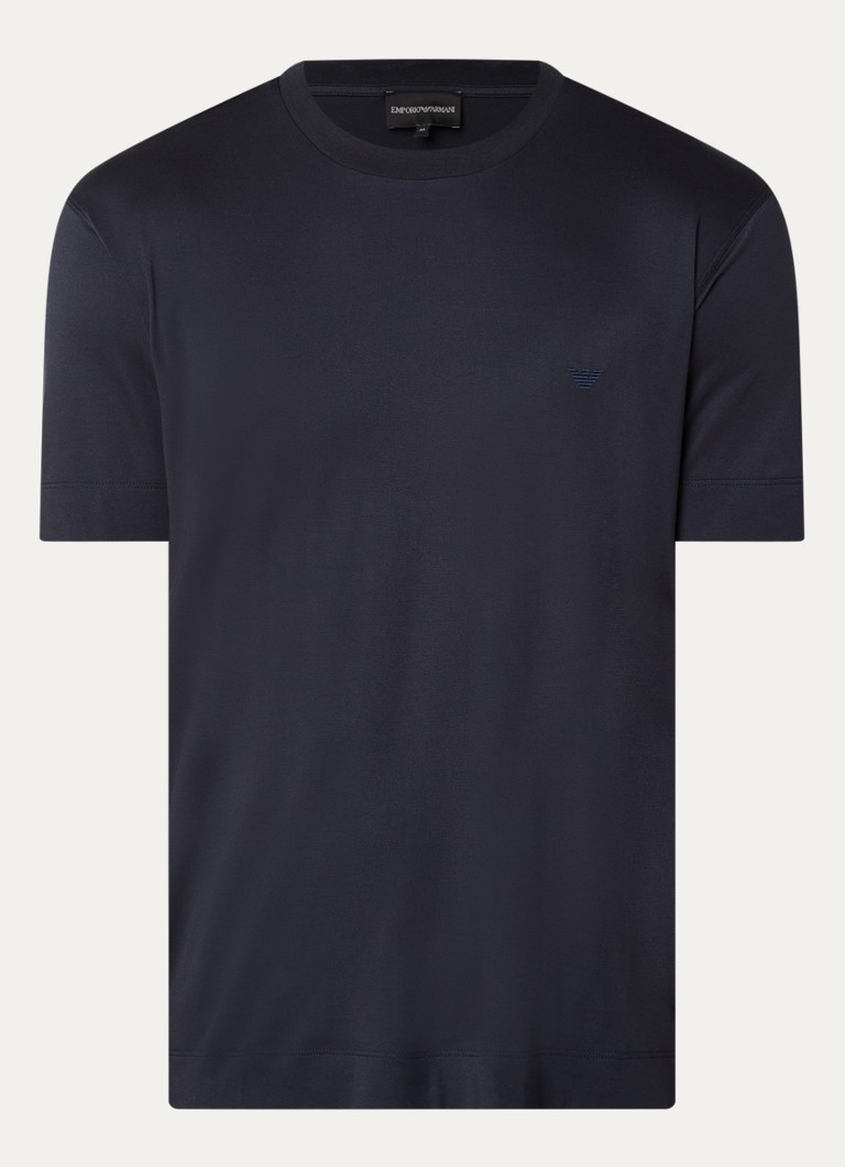Armani Heren T-shirt in zijdeblend met logoborduring in de kleur Donkerblauw