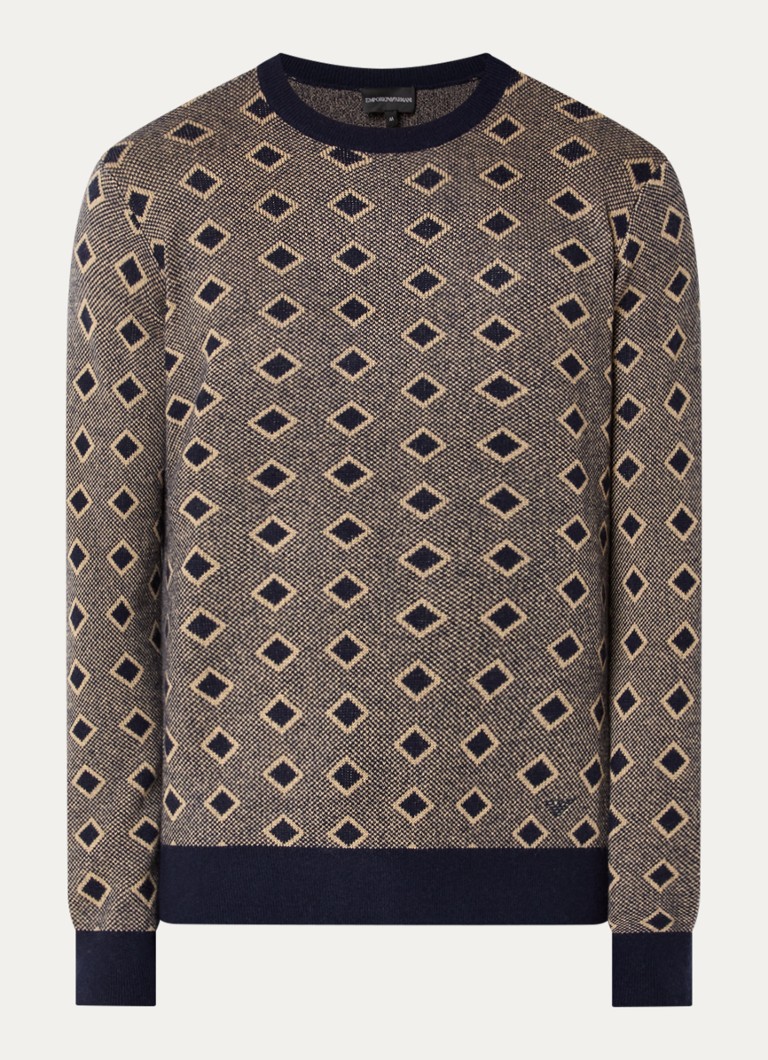 Armani Heren Fijngebreide pullover in kasjmierblend met ingebreid patroon in de kleur Donkerblauw