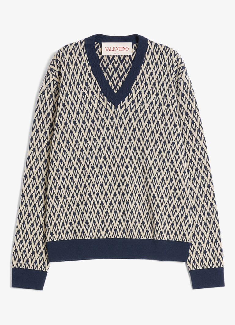Valentino Garavani Heren Toute la V fijngebreide pullover van scheerwol met grafische print in de kleur Donkerblauw