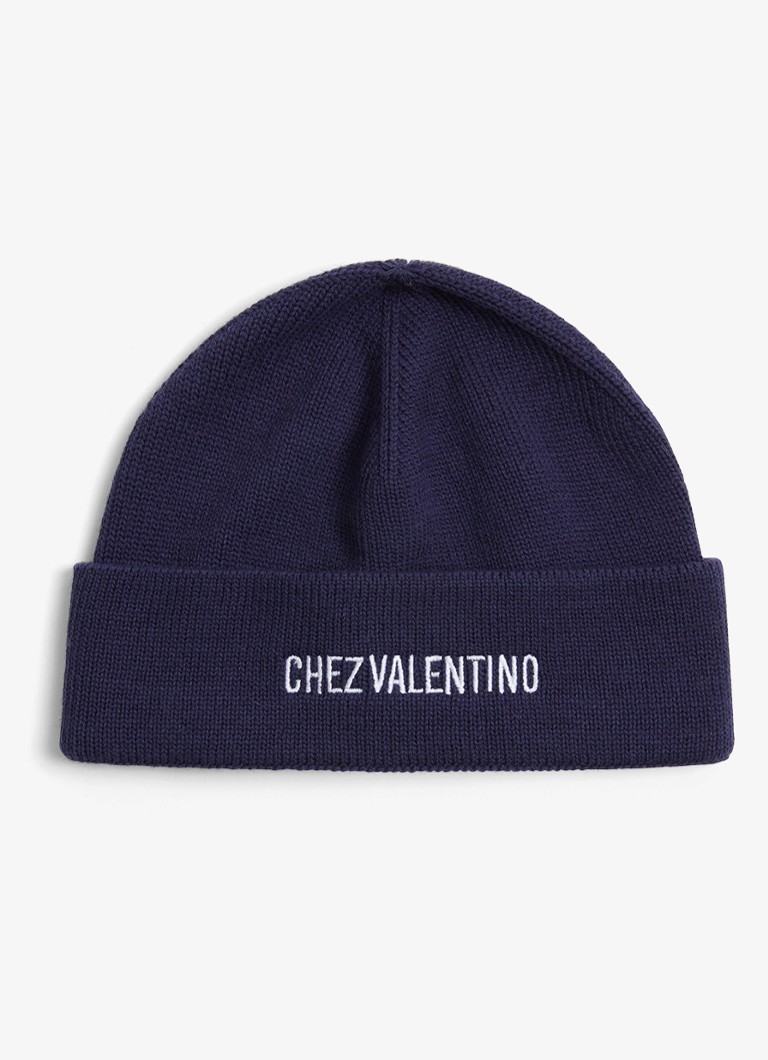 Valentino Garavani Heren Fijngebreide muts in scheerwolblend met logoborduring in de kleur Donkerblauw