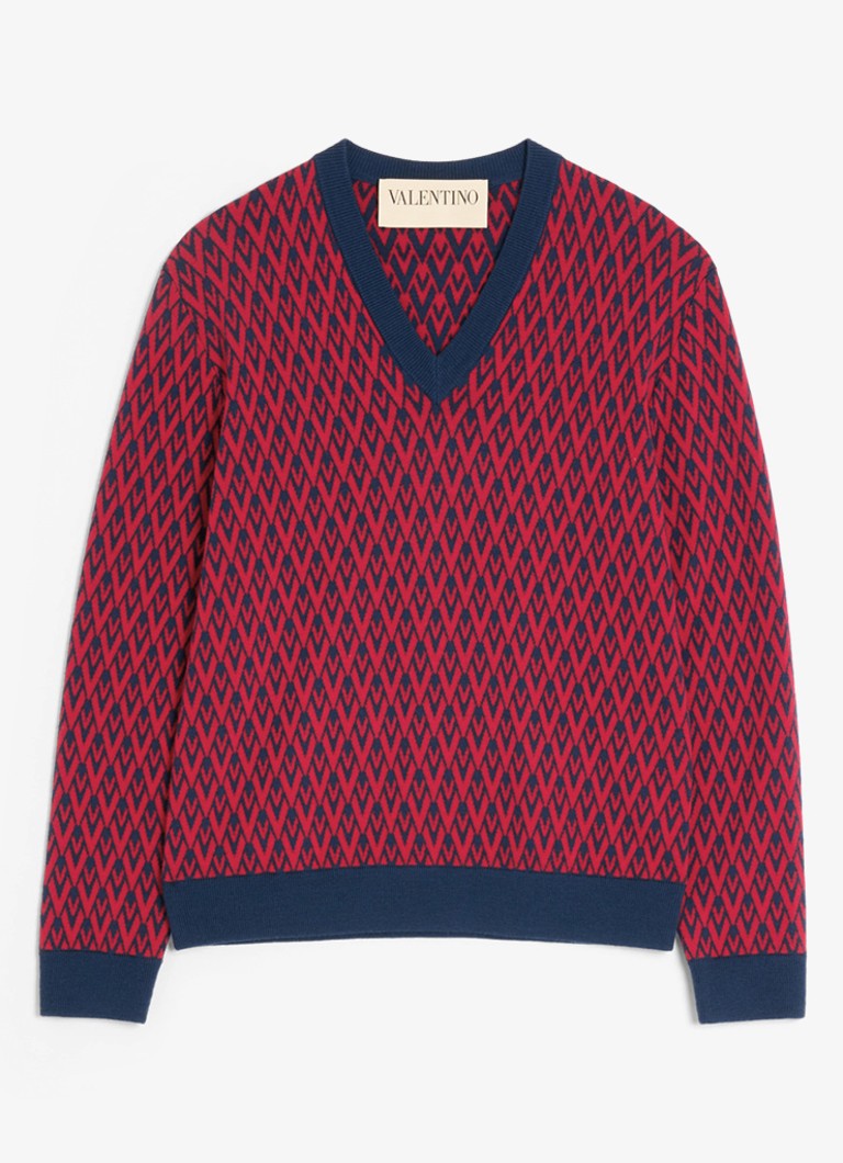 Valentino Garavani Heren Fijngebreide pullover van scheerwol met ingebreid patroon in de kleur Donkerrood