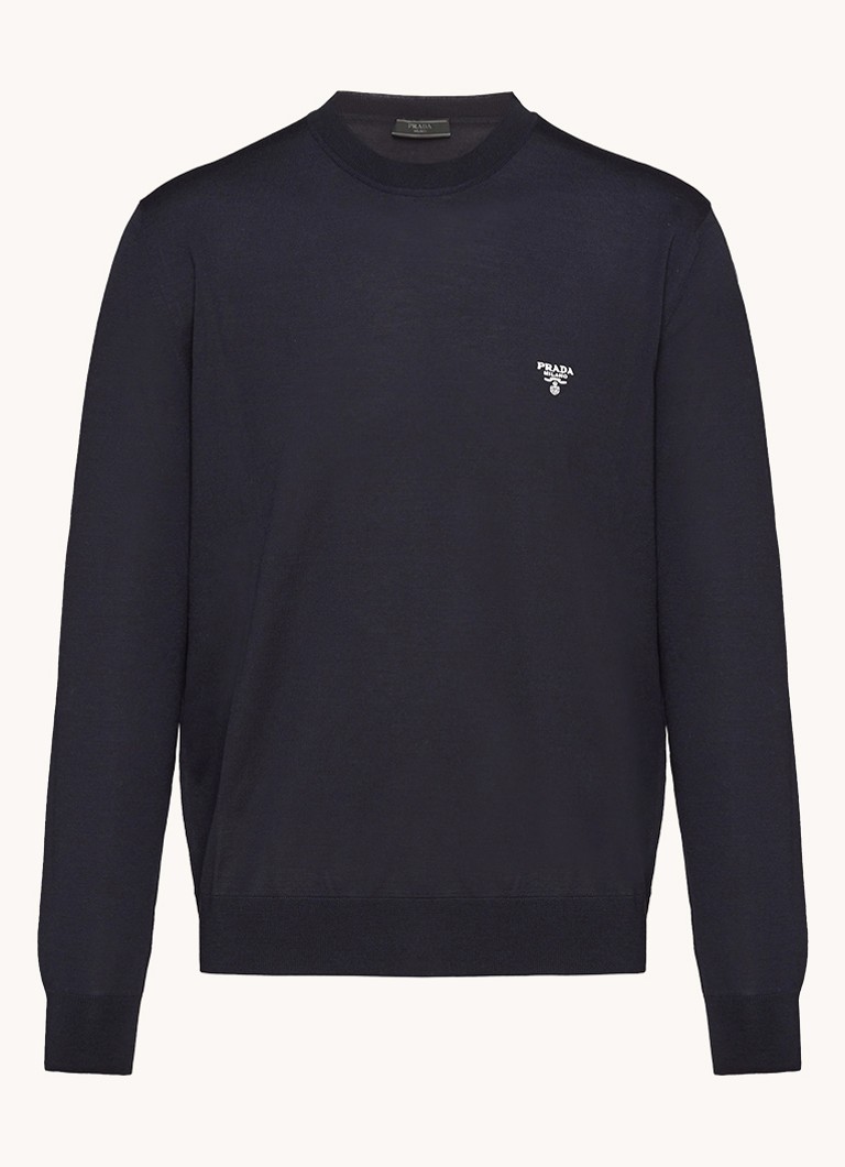 Prada Heren Pullover van wol met logoborduring in de kleur Donkerblauw