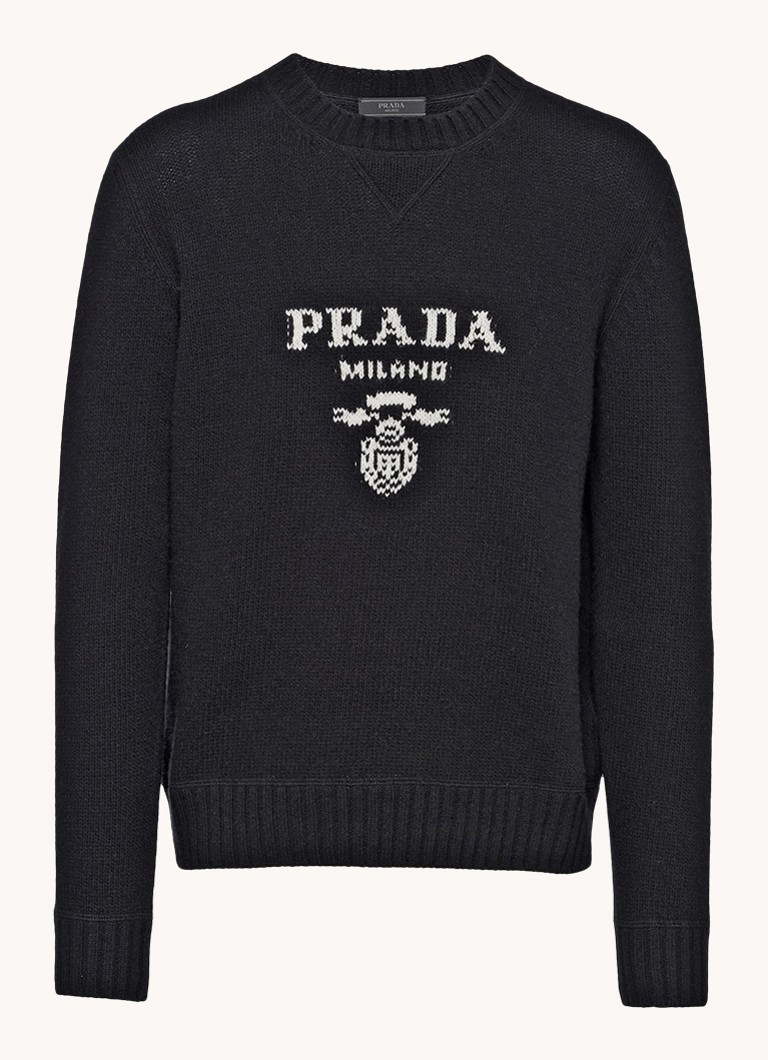 Prada Heren Fijngebreide pullover in kasjmierblend met ingebreid logo in de kleur Zwart