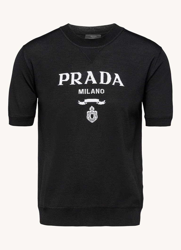 Prada Heren Fijngebreid T-shirt van scheerwol met logoprint in de kleur Zwart