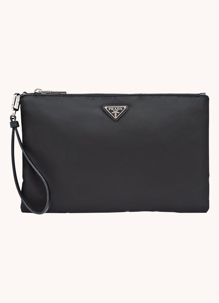 Prada Heren Re-Nylon clutch met leren details in de kleur Zwart