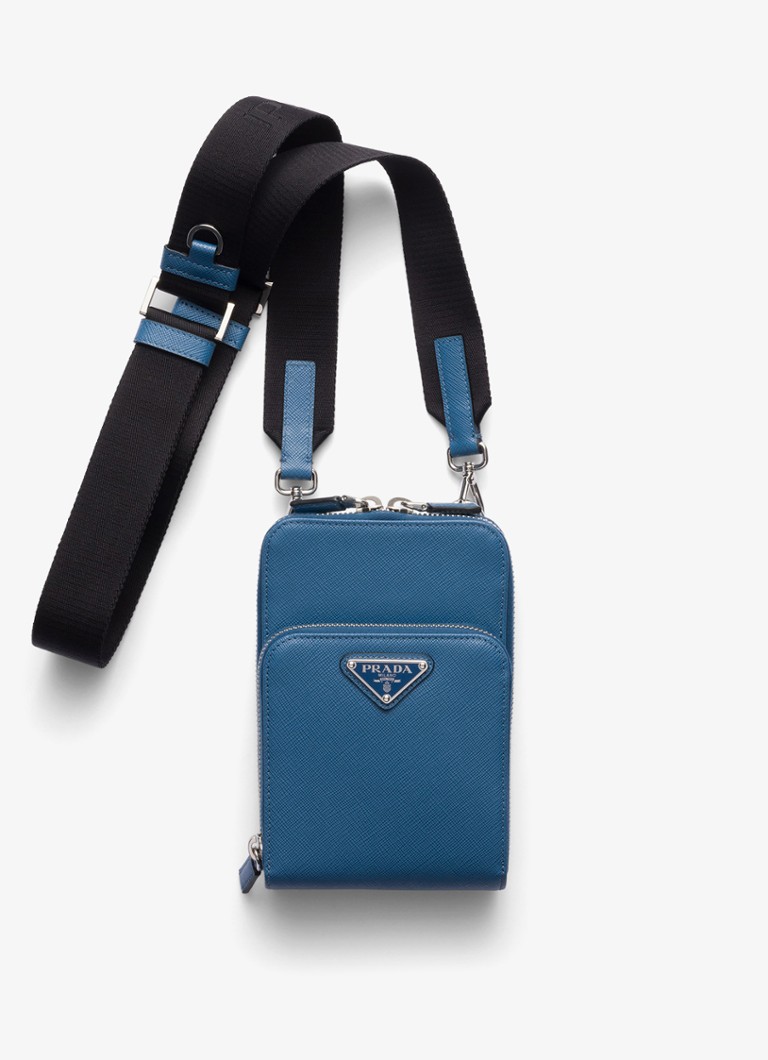 Prada Heren Saffiano crossbody telefoonhoes van leer in de kleur Staalblauw