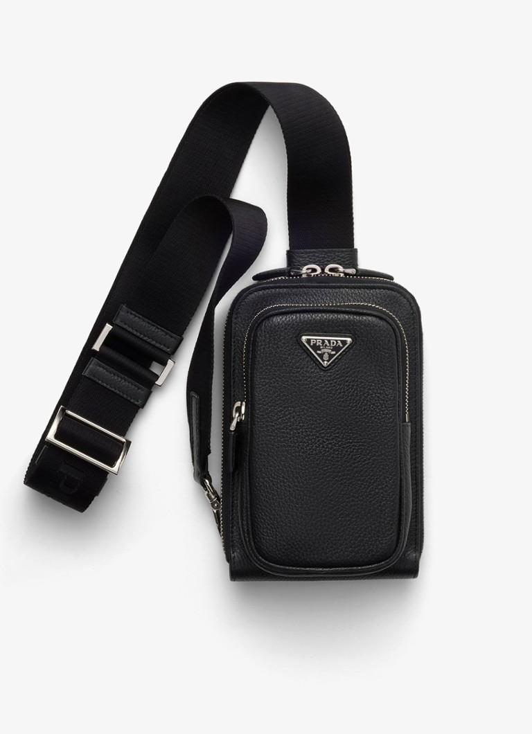 Prada Heren Telefoonhoesje van kalfsleer met schouderriem in de kleur Zwart