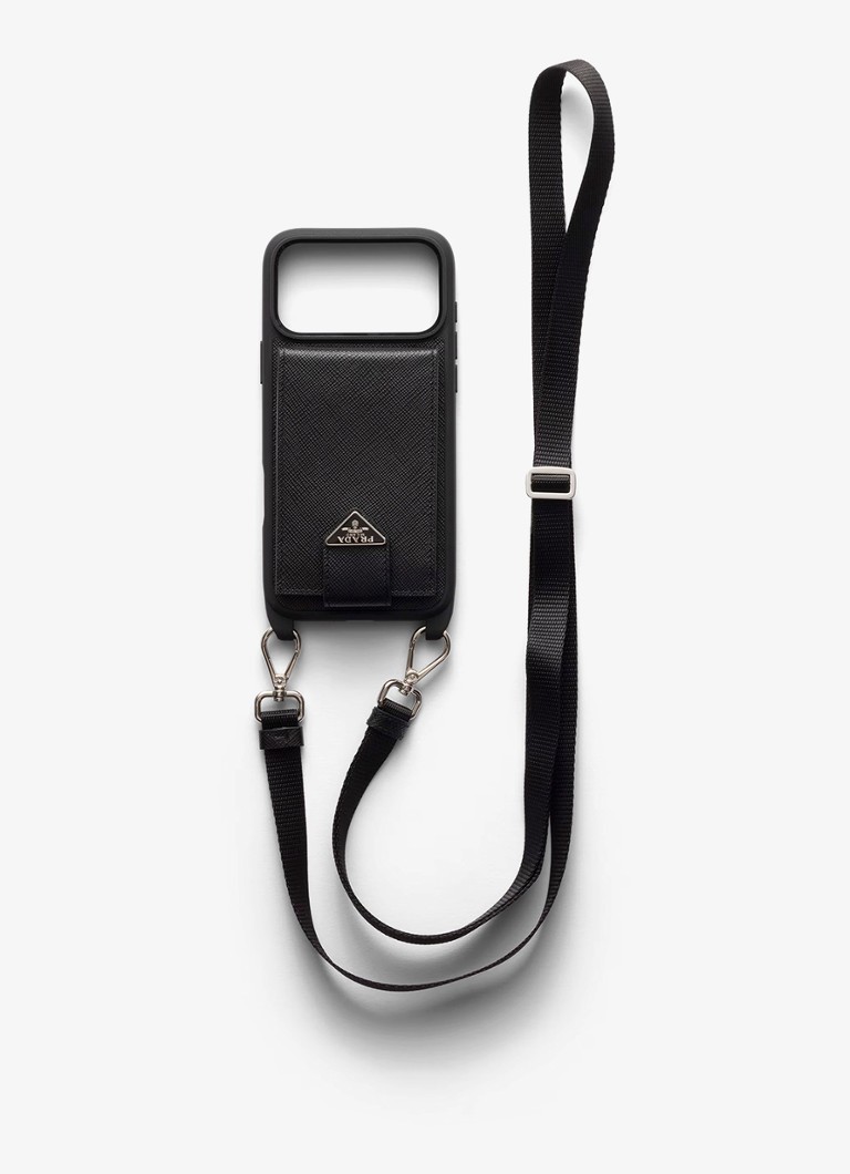 Prada Heren Telefoonhoesje van leer voor iPhone 17 Pro Max met afneembare schouderriem in de kleur Zwart
