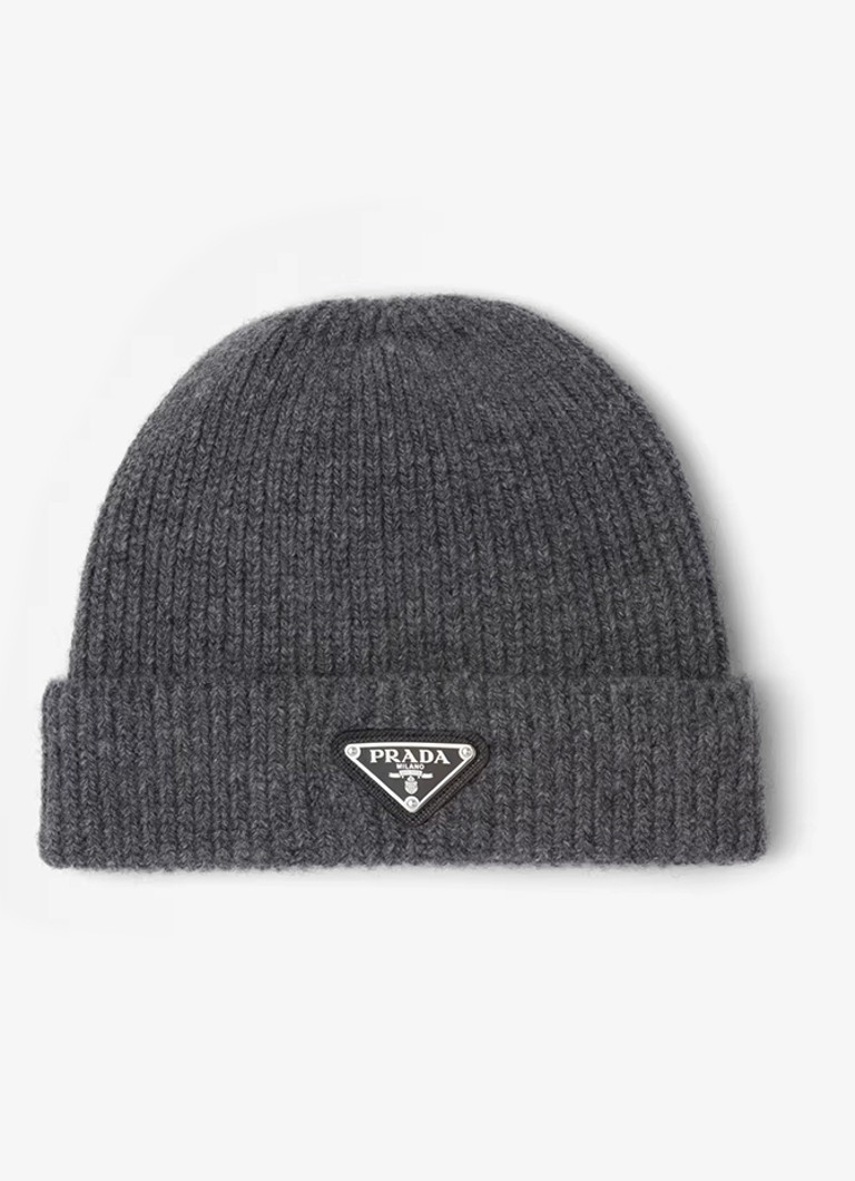 Prada Heren Ribgebreide muts in kasjmierblend met logo in de kleur Grijs