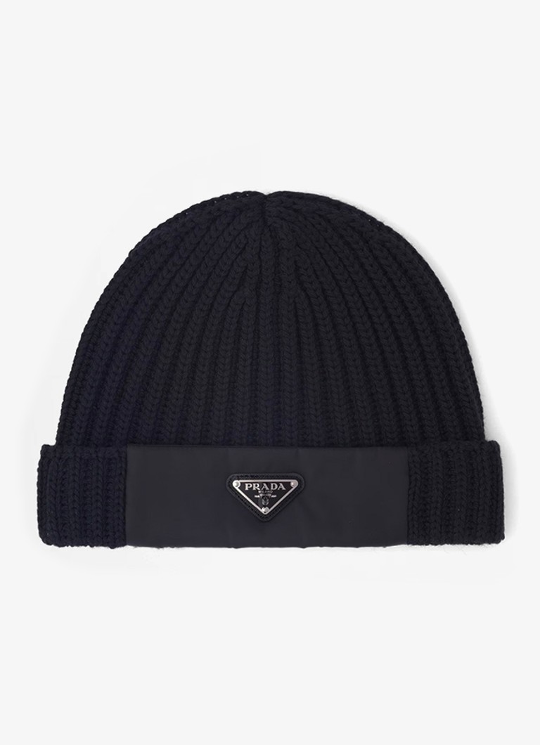 Prada Heren Re-Nylon ribgebreide muts met logo in de kleur Zwart