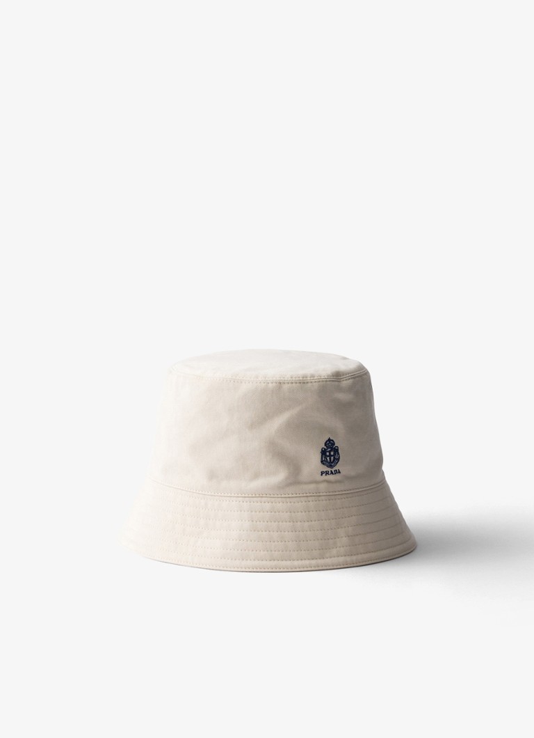 Prada Heren Bucket hoed met logoborduring in de kleur Gebroken wit
