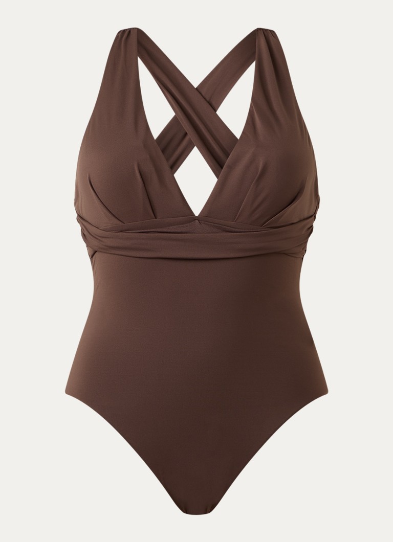 Seafolly Dames Cross Back plunge badpak met plooidetail in de kleur Bruin, maat: 42
