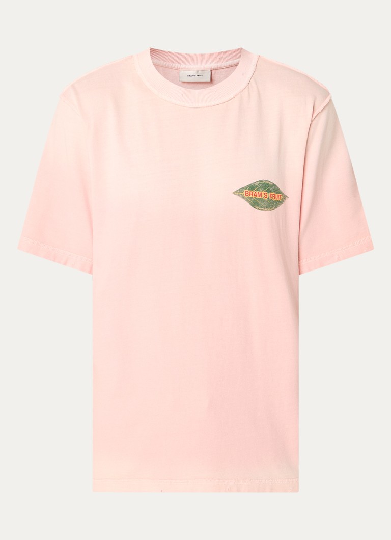 Bram's Fruit Heren Distressed Leaf T-shirt met logo- en backprint in de kleur Roze, maat: S