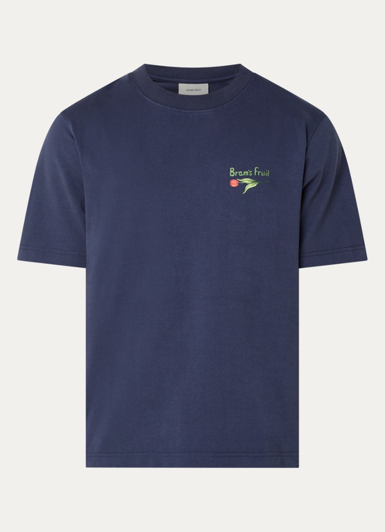 Bram's Fruit Heren Flora 2.0 T-shirt met logo- en backprint in de kleur Donkerblauw, maat: XL