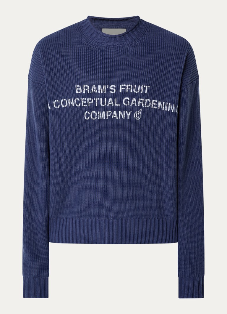Bram's Fruit Heren Grofgebreide trui met logoprint in de kleur Donkerblauw, maat: L