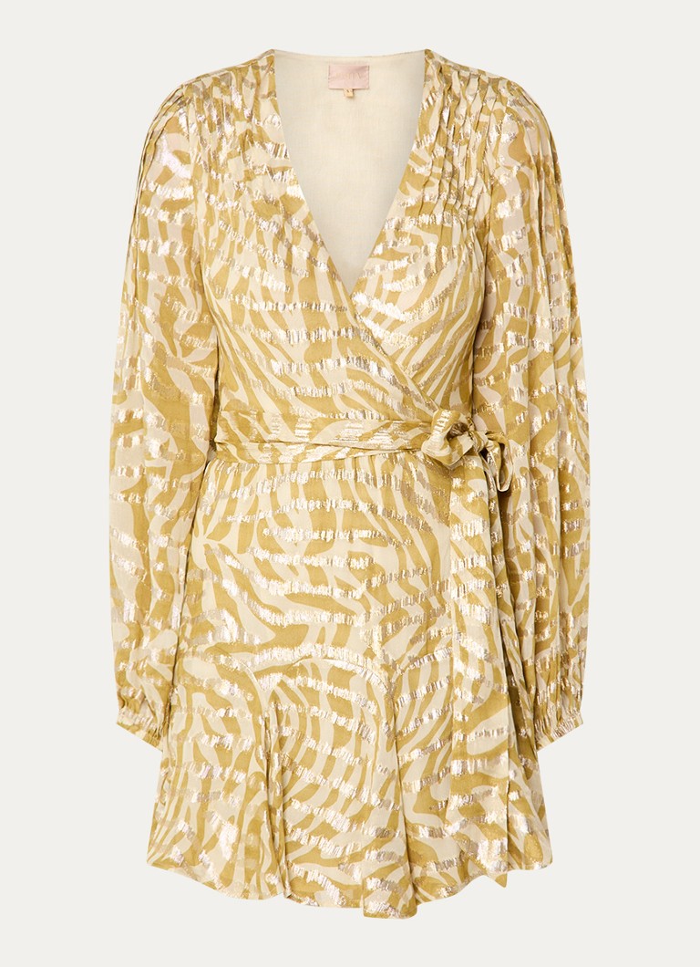 JOSH V Dames Aliya mini wikkeljurk met jacquard dessin en lurex in de kleur Mosterd