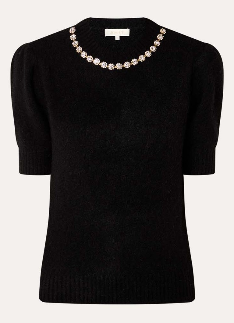 JOSH V Dames Franka fijngebreide top in alpaca wolblend met strass in de kleur Zwart