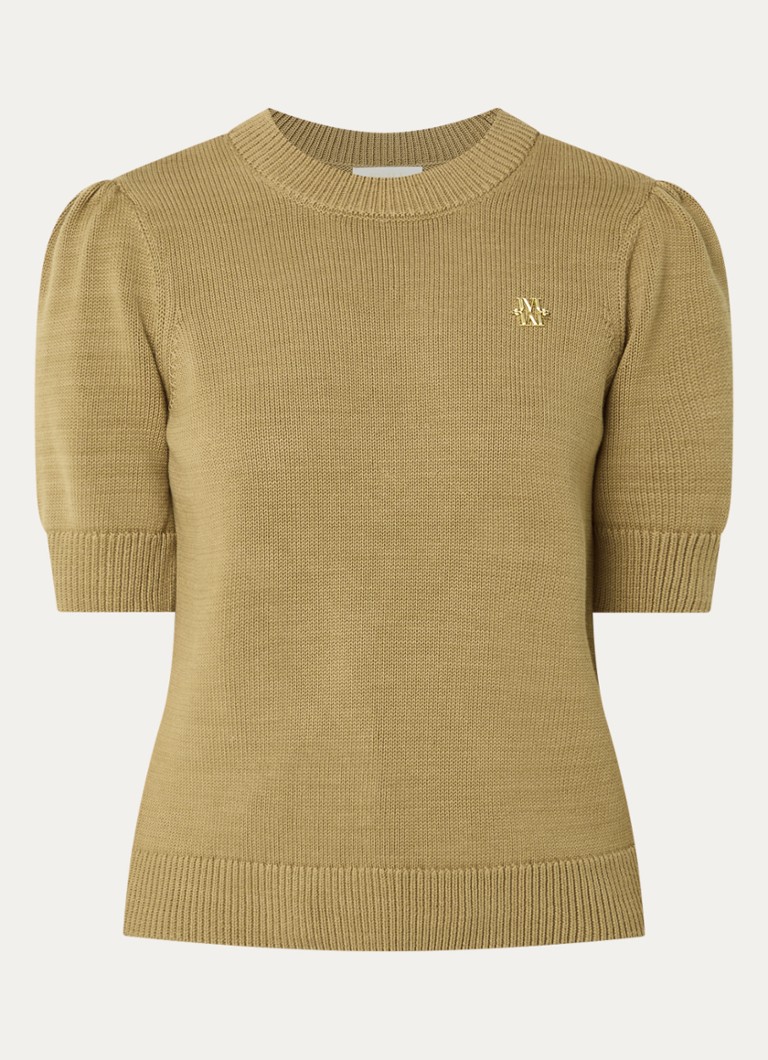 JOSH V Dames Brent ribgebreide top met logo en pofmouw in de kleur Camel