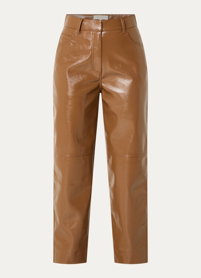 JOSH V Dames Rae high waist tapered fit broek van imitatieleer met glanzende finish in de kleur Cognac