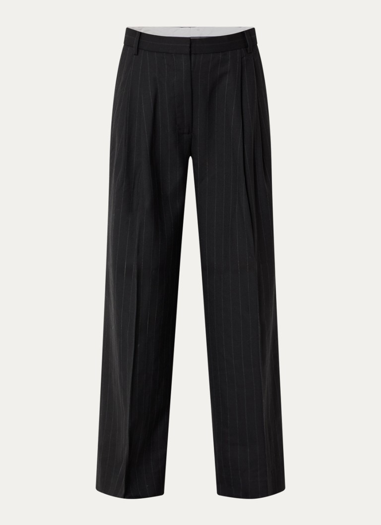 Day Birger et Mikkelsen Dames Enzo mid waist straight fit pantalon in wolblend met krijtstreep in de kleur Zwart, maat: 38