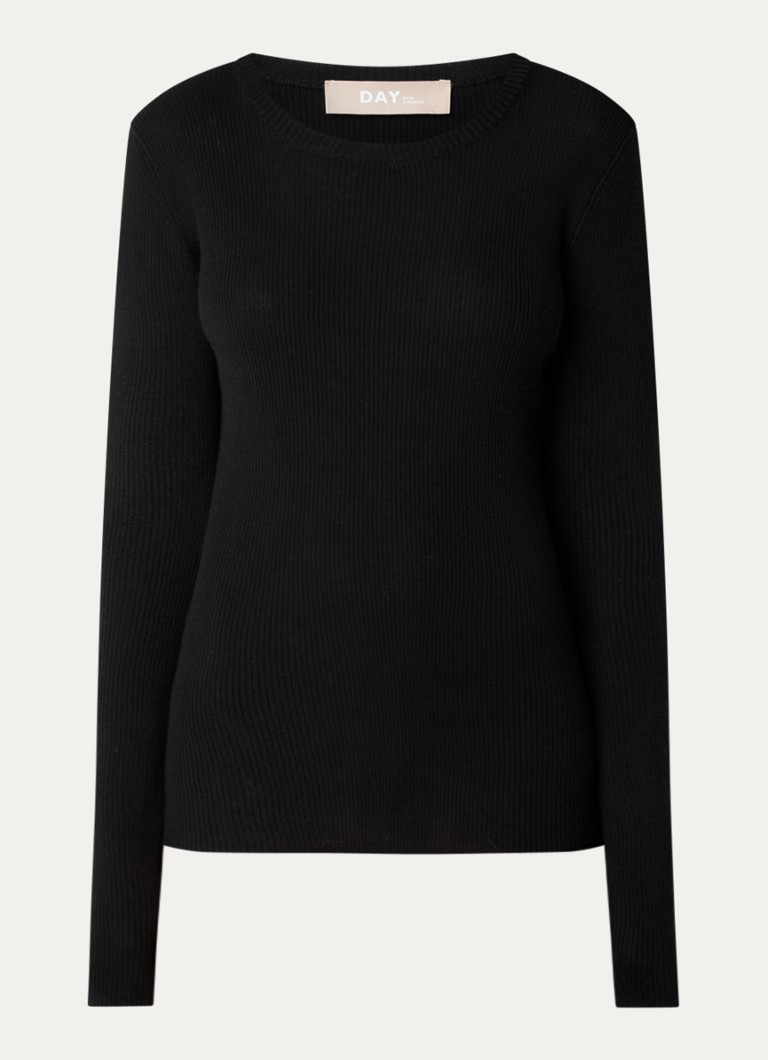 Day Birger et Mikkelsen Dames Mariana longsleeve van merinowol met ribstructuur in de kleur Zwart, maat: XL