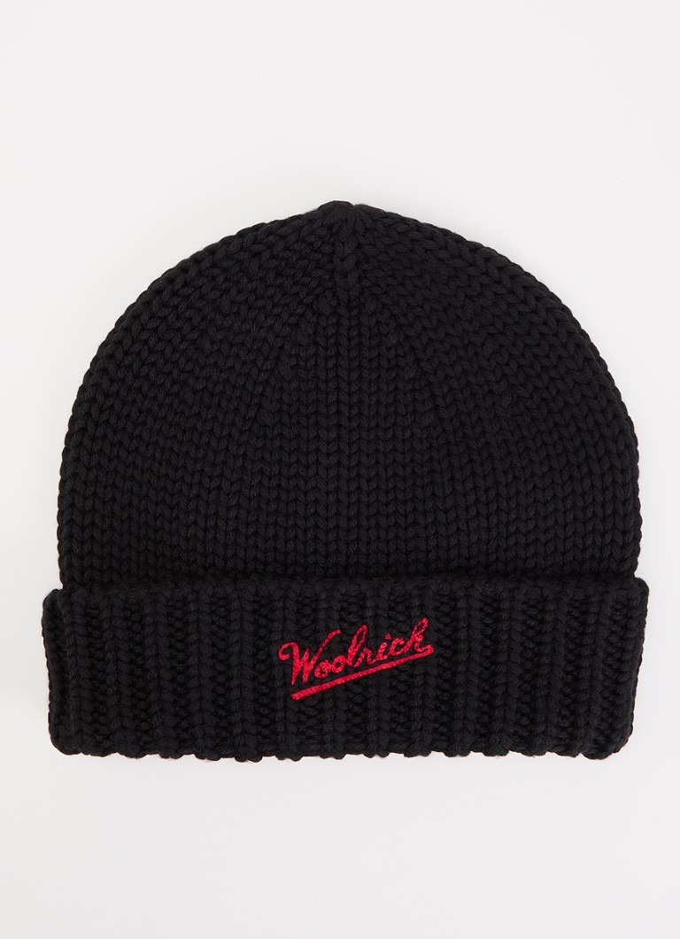 Woolrich Jongens Grofgebreide muts van scheerwol met logoborduring in de kleur Zwart, maat: S