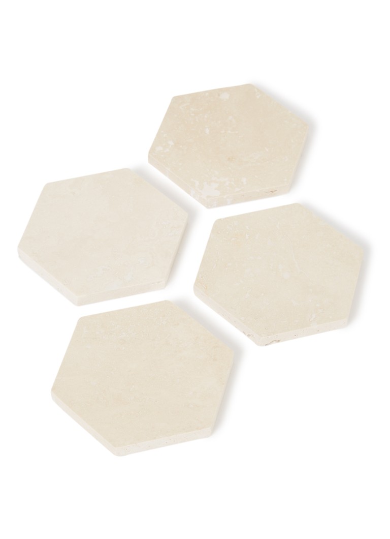 Stoned Hexagon onderzetter van travertijn set van 4 Creme - Deal