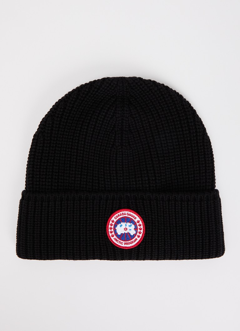 Canada Goose Dames Ribgebreide muts van wol met logo in de kleur Zwart, maat: ONE SIZE