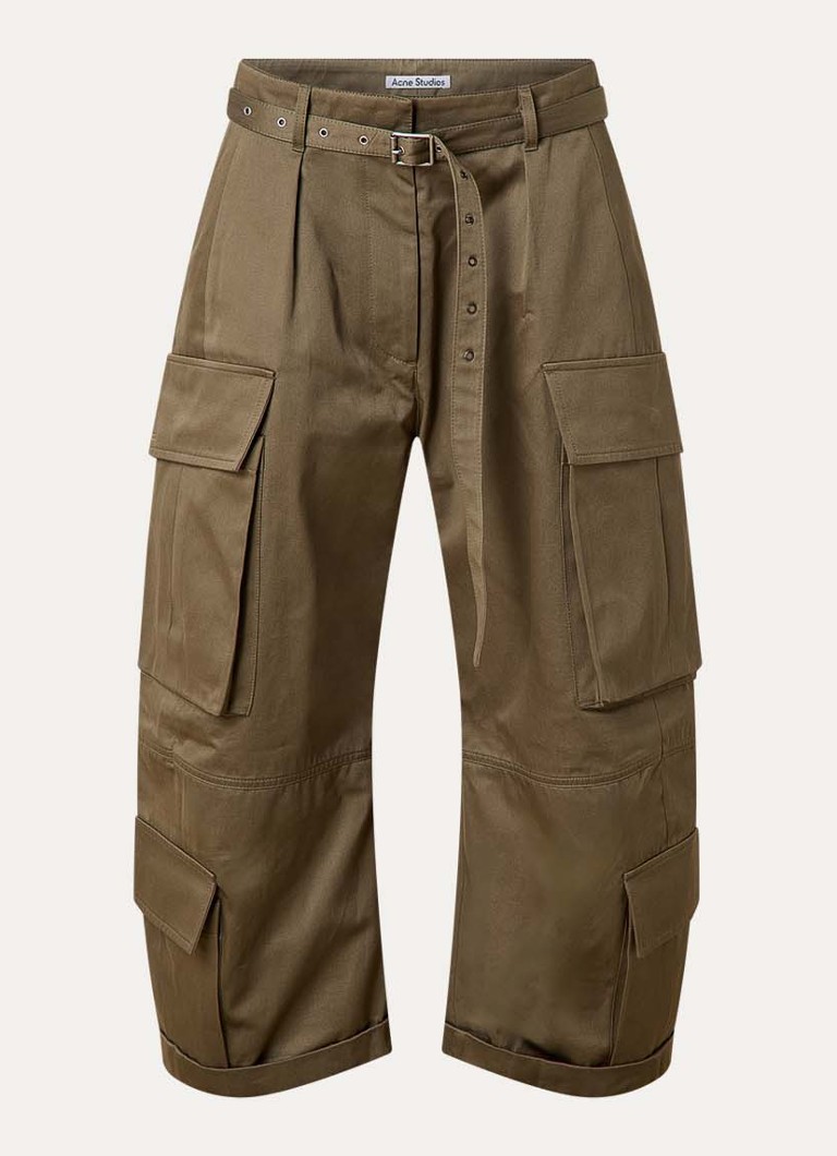 Acne Studios Dames Cropped high waist loose fit cargobroek met steekzakken in de kleur Legergroen, maat: 38