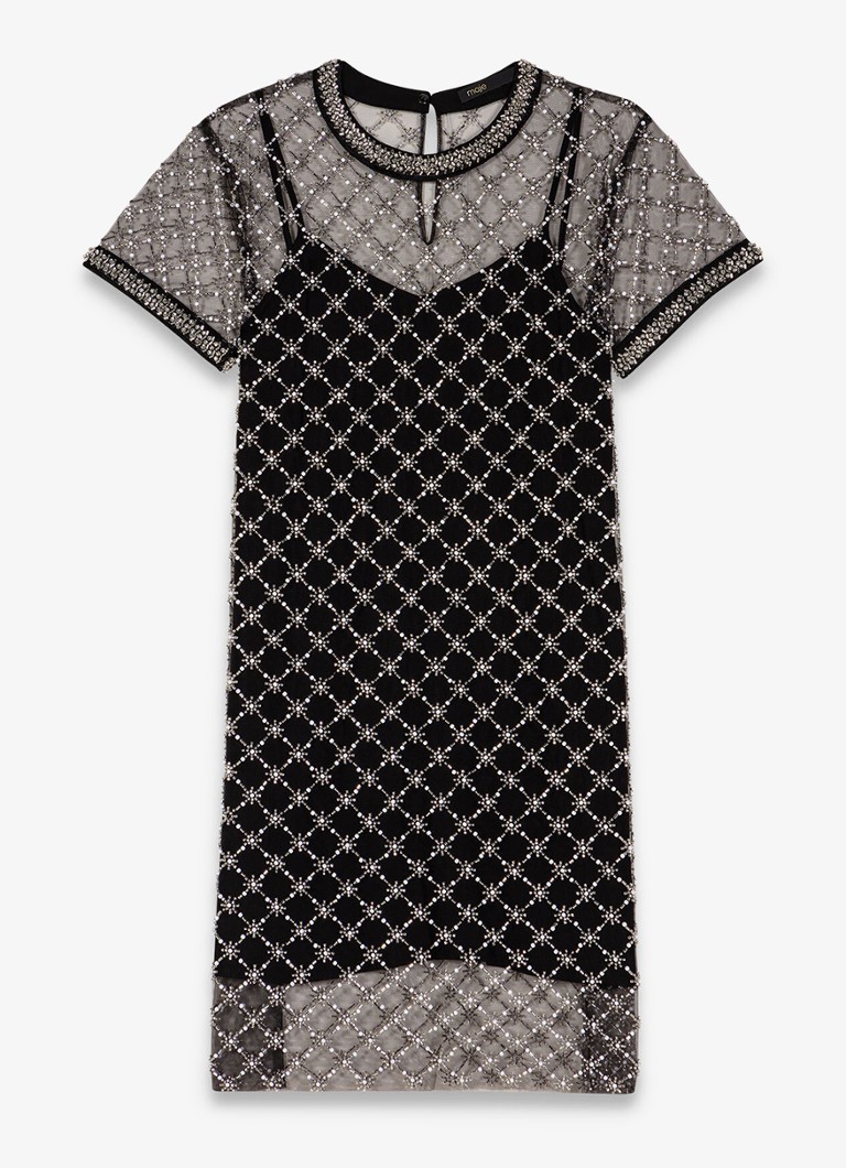 Maje Dames Semi-transparante mini jurk met kralendecoratie in de kleur Zwart