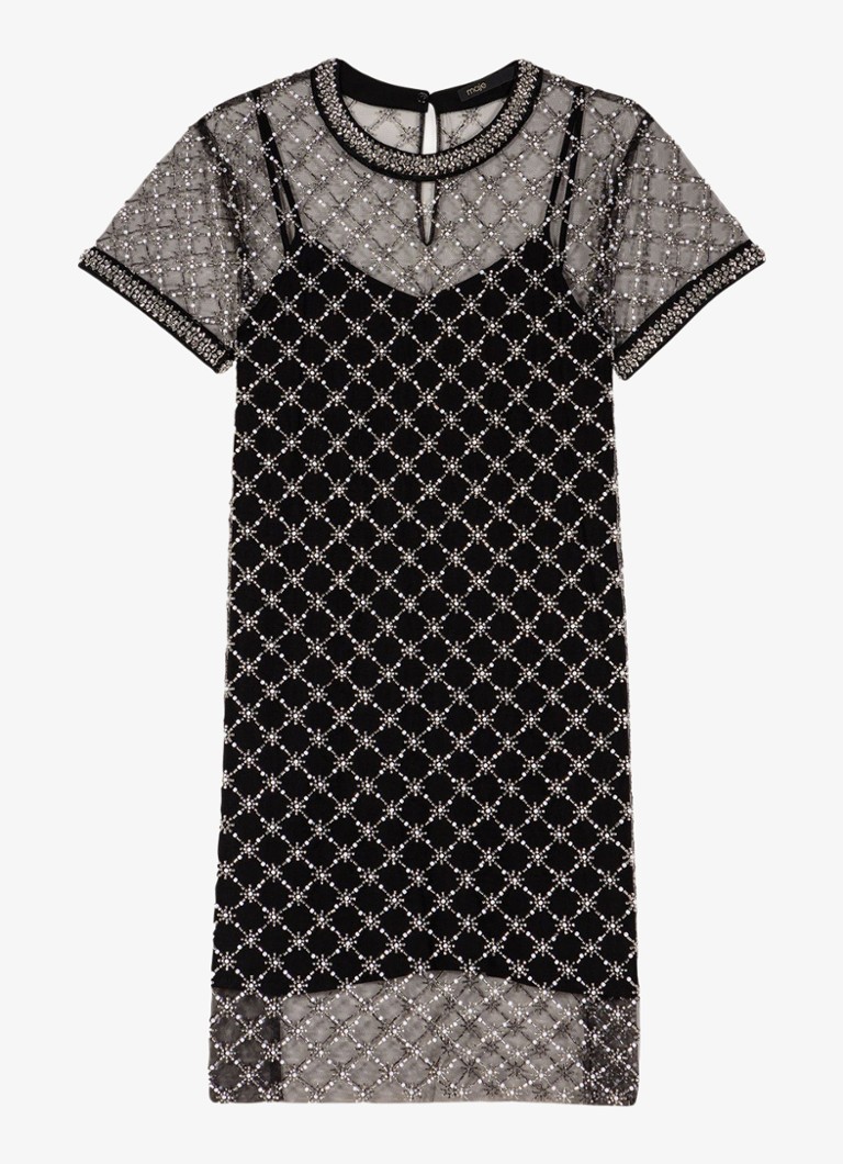 Maje Dames Semi-transparante mini jurk met strass in de kleur Zwart