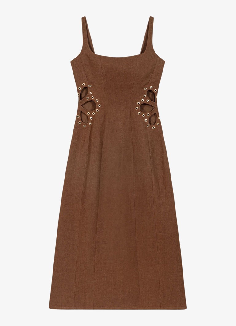 Maje Dames Racao midi jurk van linnen met cut-out detail in de kleur Bruin