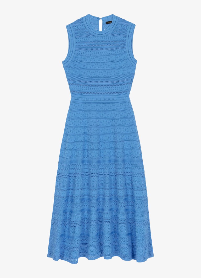 Maje Dames Fijngebreide midi jurk met opengewerkt dessin in de kleur Blauw