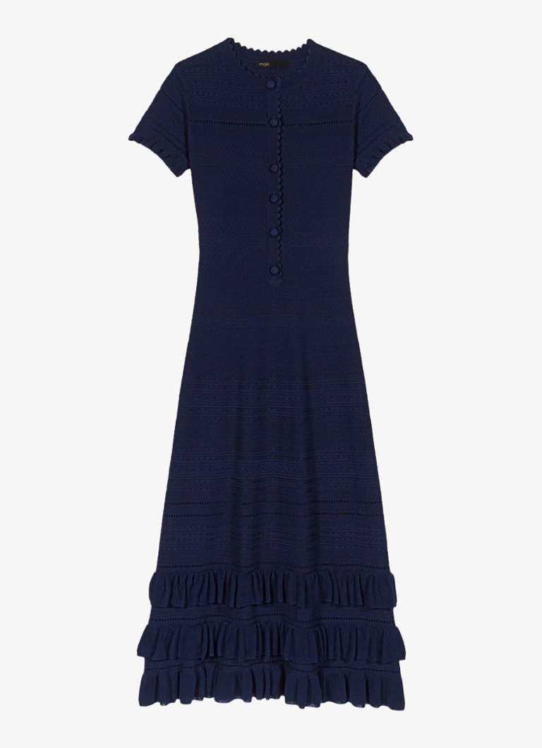 Maje Dames Ribgebreide midi tuniekjurk met ruches in de kleur Donkerblauw