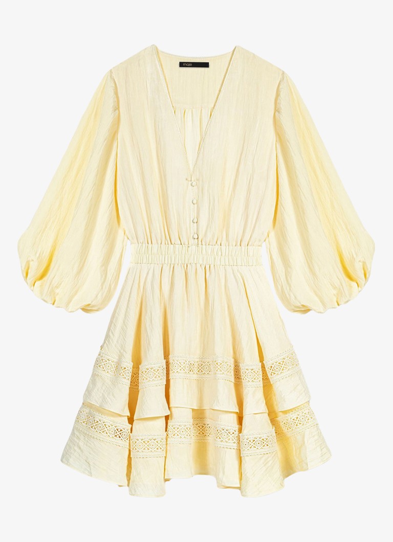 Maje Dames Rapapamy mini jurk met ruches en ballonmouw in de kleur Licht geel