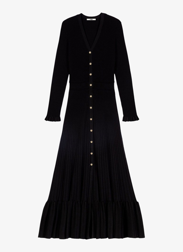 Maje Dames Ribgebreide maxi jurk met V-hals in de kleur Zwart