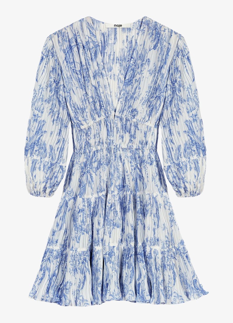 Maje Dames Mini jurk met smockwerk en V-hals in de kleur Blauw