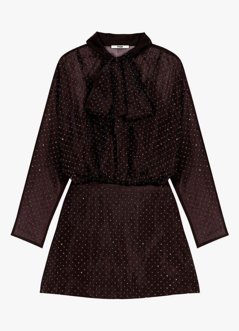 Maje Dames Semi-transparante mini tuniekjurk met sjaalkraag en strass in de kleur Donkerbruin