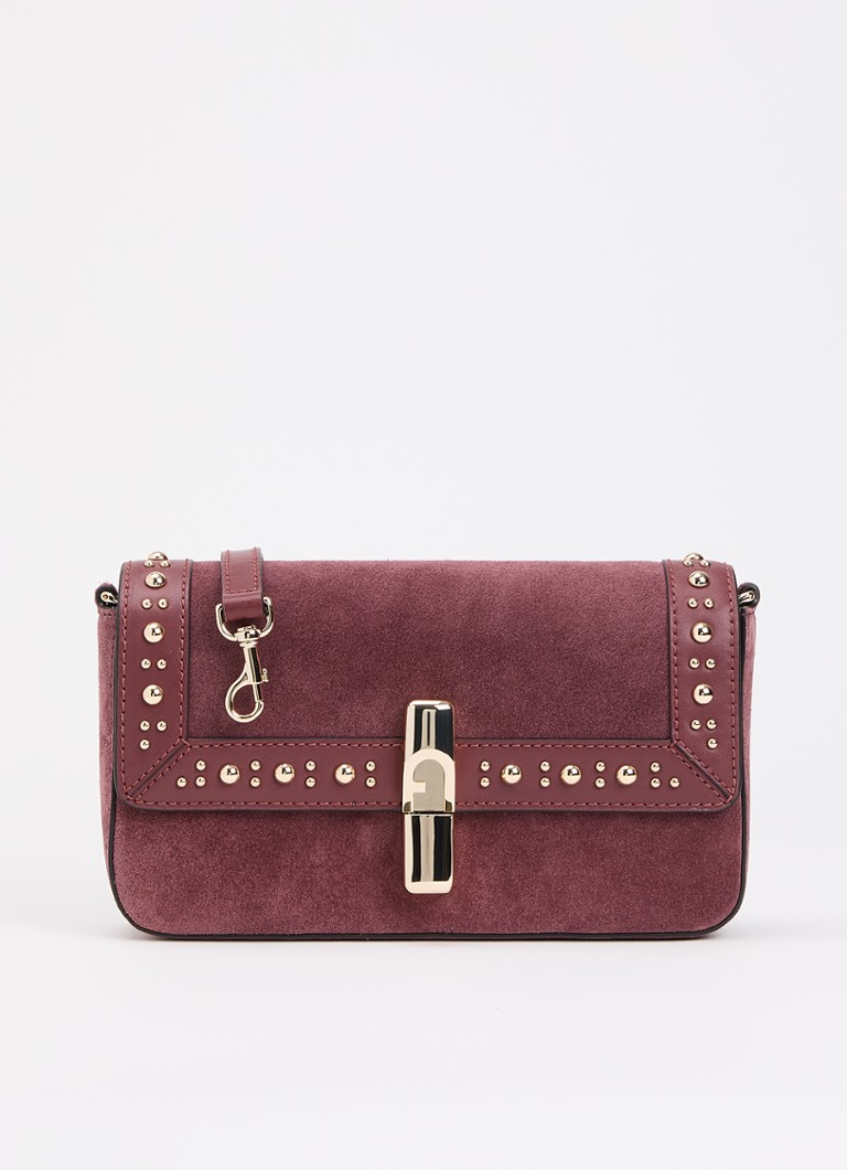 FURLA Dames Iride S crossbodytas van suède met studs en afneembare schouderriem in de kleur Cranberryrood, maat: 1SZ
