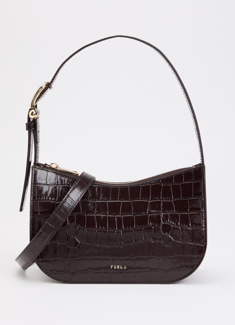 FURLA Dames Sara S schoudertas van leer met crocostructuur en verstelbare schouderriem in de kleur Donkerbruin, maat: 1SZ