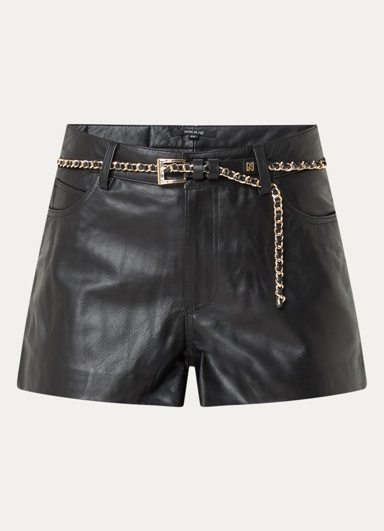 NIKKIE Dames Palmer high waist straight fit korte broek van lamsleer in de kleur Zwart