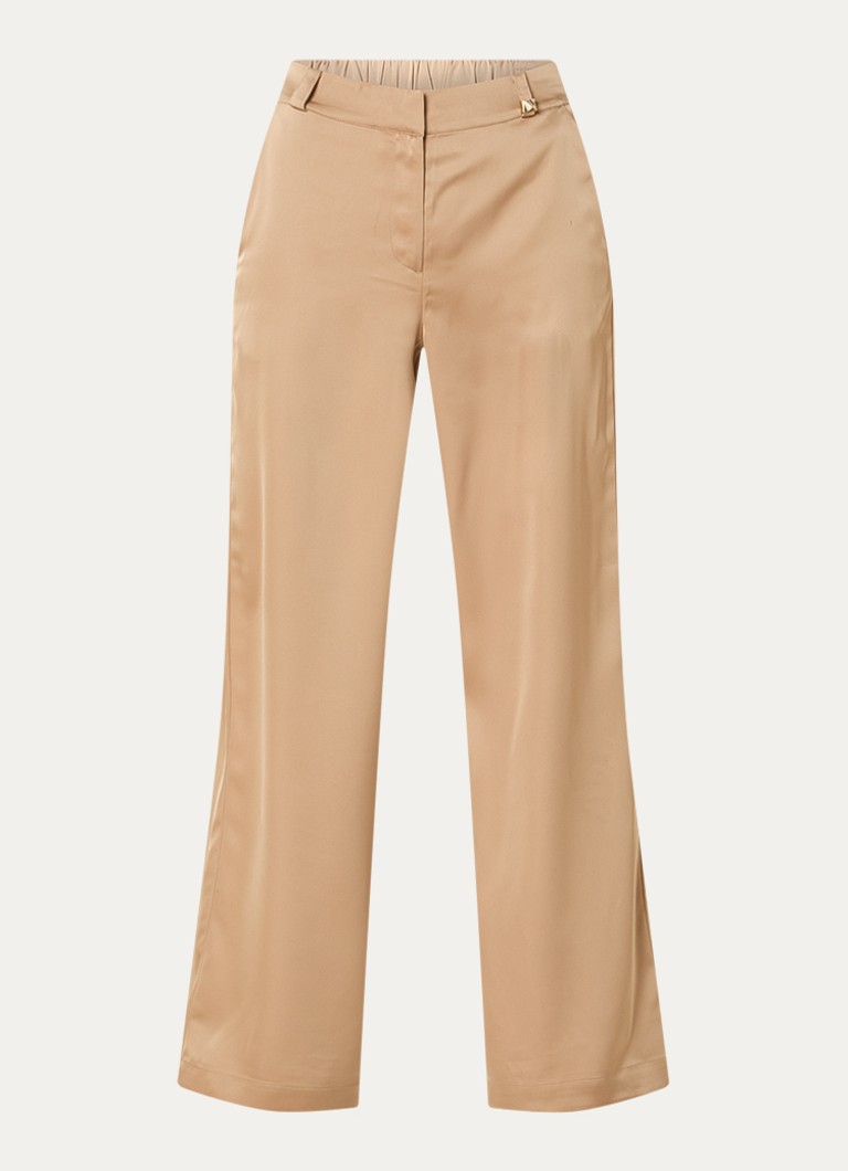 NIKKIE Dames Ribe high waist wide fit pantalon van satijn met steekzakken in de kleur Camel