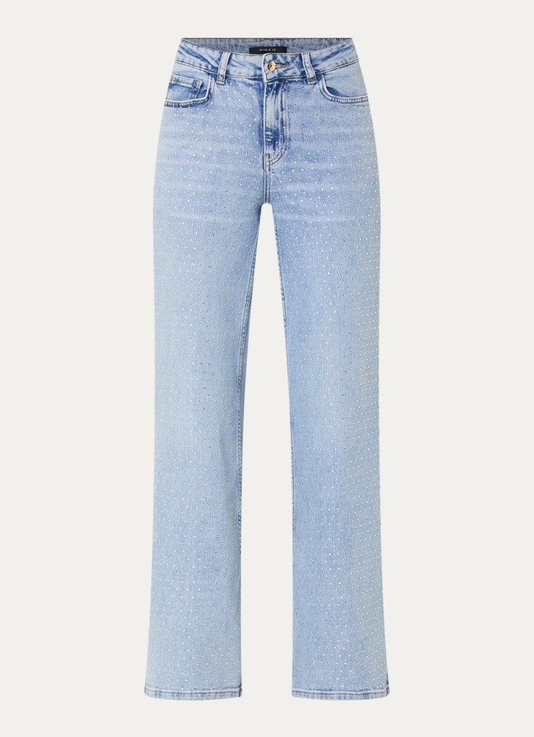 NIKKIE Dames Abigail mid waist straight leg jeans met lichte wassing en strass in de kleur Indigo